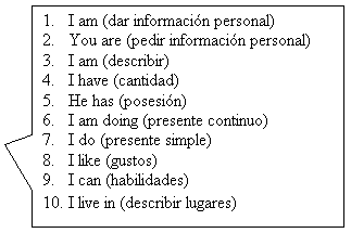 Rectangular Callout: 11.	I am (dar informacin personal)
12.	You are (pedir informacin personal)
13.	I am (describir)
14.	I have (cantidad)
15.	He has (posesin)
16.	I am doing (presente continuo)
17.	I do (presente simple)
18.	I like (gustos)
19.	I can (habilidades)
20.	I live in (describir lugares)
